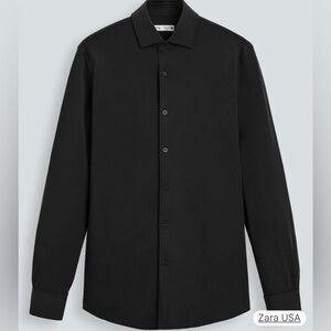 Zara Men's Black Button Down Shirt in stretchy fabric, size L.